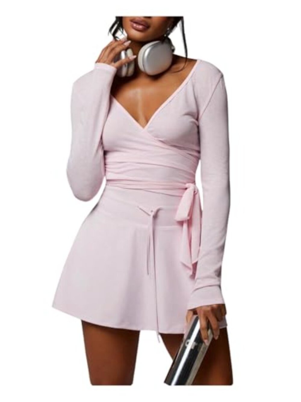 Women's Ballet Wrap Tie Front Deep V Neck Long Sleeve Crop Top Yoga Workout